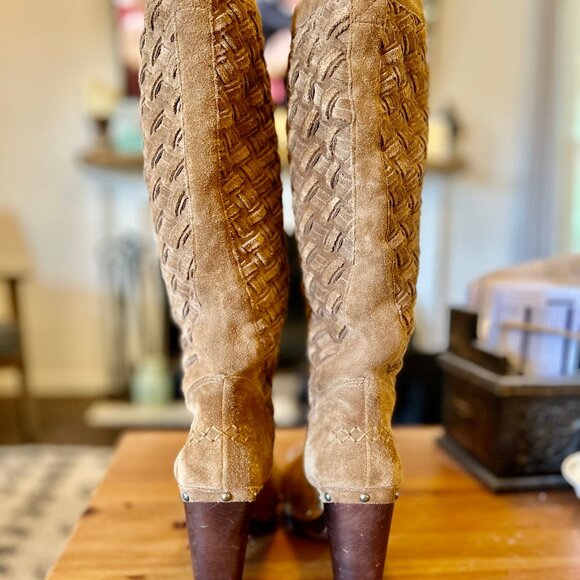 Ugg Arroyo Tall Basketweave Suede Boots Wood Heel Chestnut Size 6 - Like New! - Picture 2 of 14